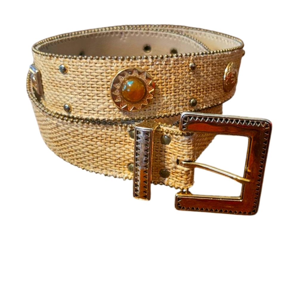 Elite Women's Stylish Tan Woven Belt with Gold Accents Size M
